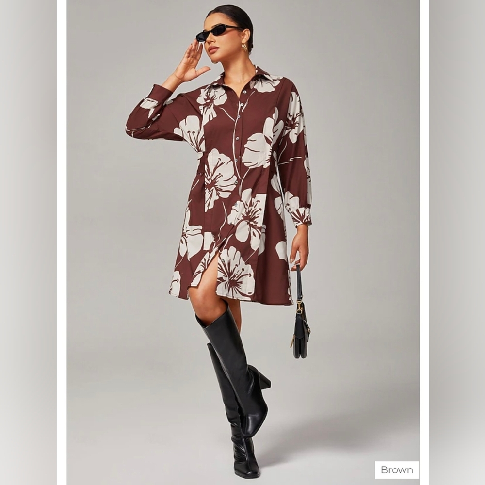 Brown Floral Button-Front Shirt Dress